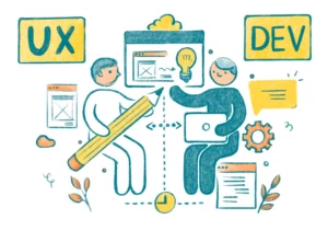 Collaboration between UX and developers - UX designer and developer working together.
