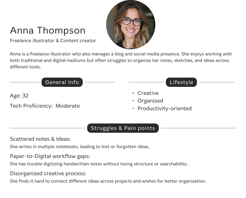 Example persona for MyndNotes app with details about their background